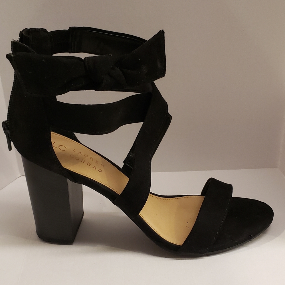 Black faux suede block heeled sandal